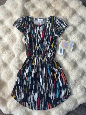 LuLaRoe Mae Girls Dress Size 4 Multicolor Abstract Geometric Print Pockets NWT